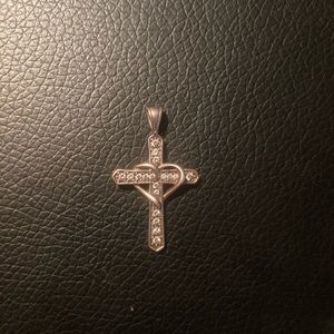 925 silver cross hear pendant w diamonds about 1”